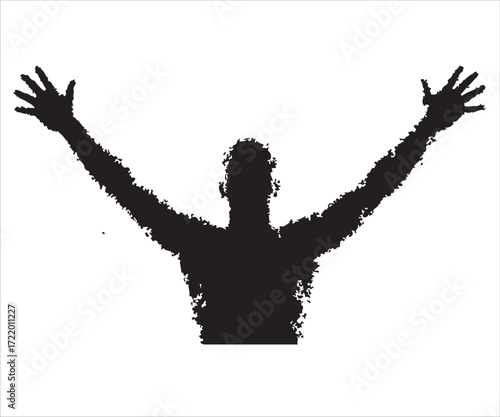 Human silhouette with raised arms illustration, black vector icon symbolizing victory, freedom, success, celebration, motivation, and positive energy concept isolated on white background