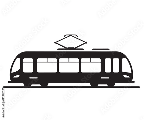 Tram silhouette illustration, black vector icon of modern streetcar or light rail train, public transportation symbol for city travel, urban mobility, and commuter transit concept isolated on white