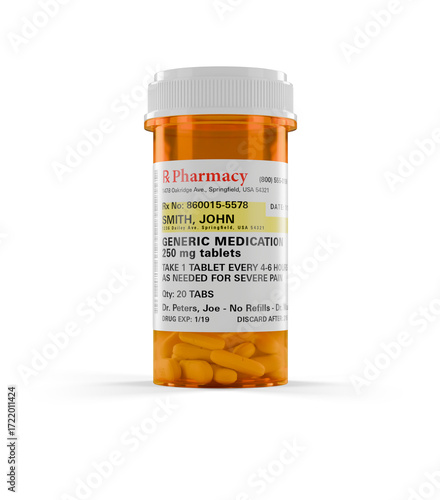 Generic Medication Prescription Medicine Bottle and Pills on a Transparent Background. The label is non-proprietary - fictional - made specifically for the stock photo industry. Transparent PNG.