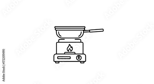 Minimalist vector illustration of a portable cooking stove with a frying pan and flame, ideal for compact kitchens, camping, and basic food preparation designs