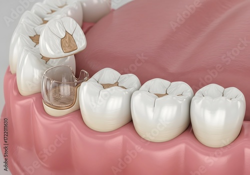 Close up of damaged teeth with a dental crown and a clear plastic retainer on the tooth row