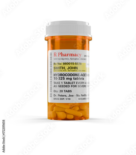 Hydrocodone Prescription Medicine Bottle and Pills on a Transparent Background. The label is non-proprietary - fictional - made specifically for the stock photo industry. Transparent PNG.
