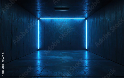 Ultra realistic dark concrete room with blue neon lighting, cinematic futuristic seamless background design