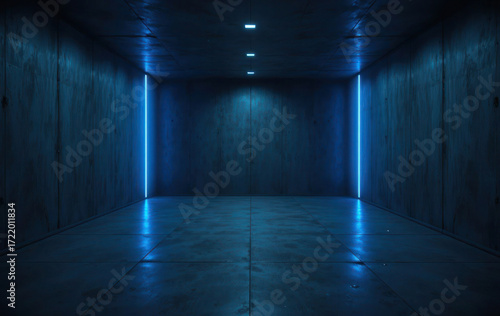 Ultra realistic dark concrete room with blue neon lighting, cinematic futuristic seamless background design