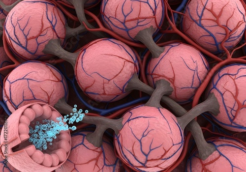 Visualization of alveoli with blood vessels and gas exchange in the respiratory system anatomy