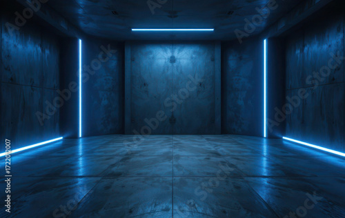 Ultra realistic dark concrete room with blue neon lighting, cinematic futuristic seamless background design