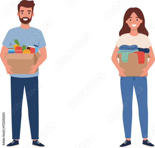 Man holding grocery box, woman carrying clothes box, donation concept, charity support, helping people, teamwork, lifestyle illustration, modern volunteering