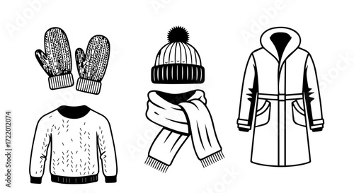 Vector illustration set of winter clothes. Line art icons of a warm coat, knitted sweater, pompom hat, scarf, and mittens