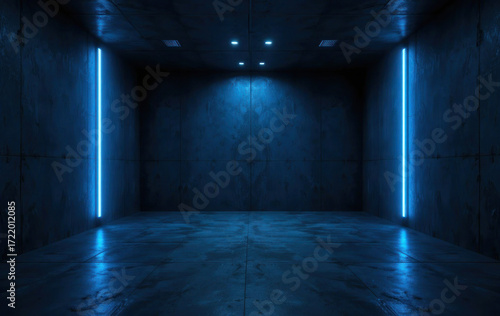 Ultra realistic dark concrete room with blue neon lighting, cinematic futuristic seamless background design