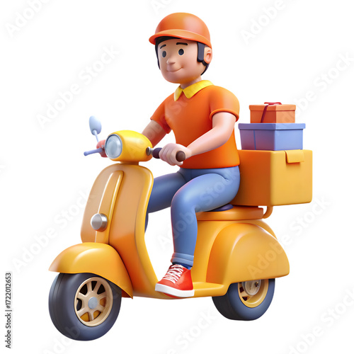 Delivery person on yellow scooter with packages motorcycle isolated on a transparent background