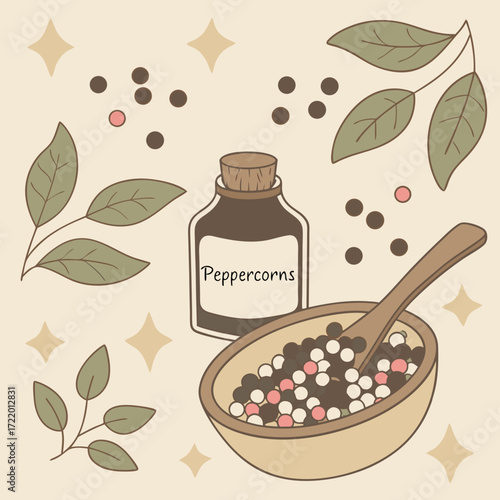 Elegant peppercorns illustration in bowl with spoon and jar, perfect for spice shop branding or culinary blog design showcasing fresh, natural herbs