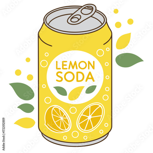 Refreshing lemon soda can illustration offering a cool, citrusy beverage experience, perfect for summer vibes and vibrant designs