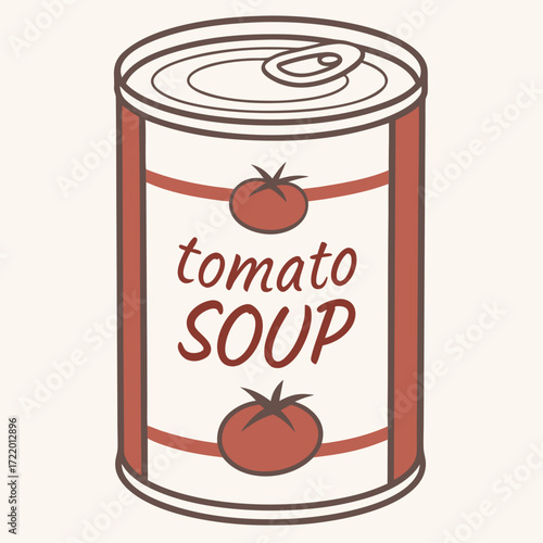 Delicious tomato soup can illustration ready for a cozy meal, perfect for advertisements, recipes, or food blogs, a warm and comforting design