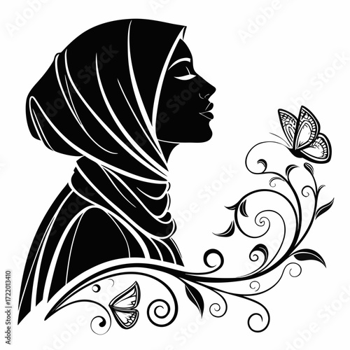Elegant muslim woman in hijab with butterfly vector illustration islamic fashion design and beauty concept
