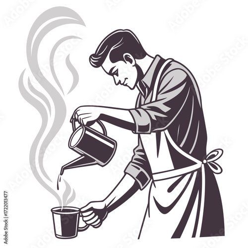 Illustration of barista pouring coffee into cup with steam for coffee shop or cafe branding design