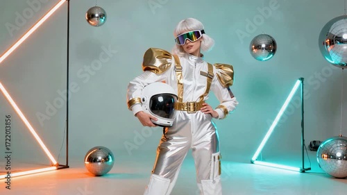 A stylish woman in a retro-futuristic white astronaut suit dances at a party. The scene is lit by neon lights and decorated with shiny disco balls.