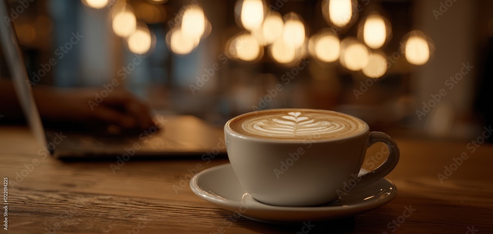Obraz premium The Latte Art Coffee Cup on Rustic Table Under Warm Café Lights