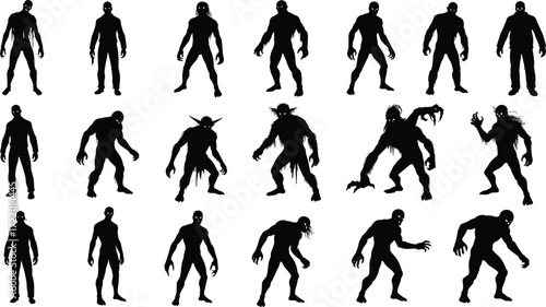 Dark humanoid silhouette collection, horror monster shapes, creepy character evolution, 