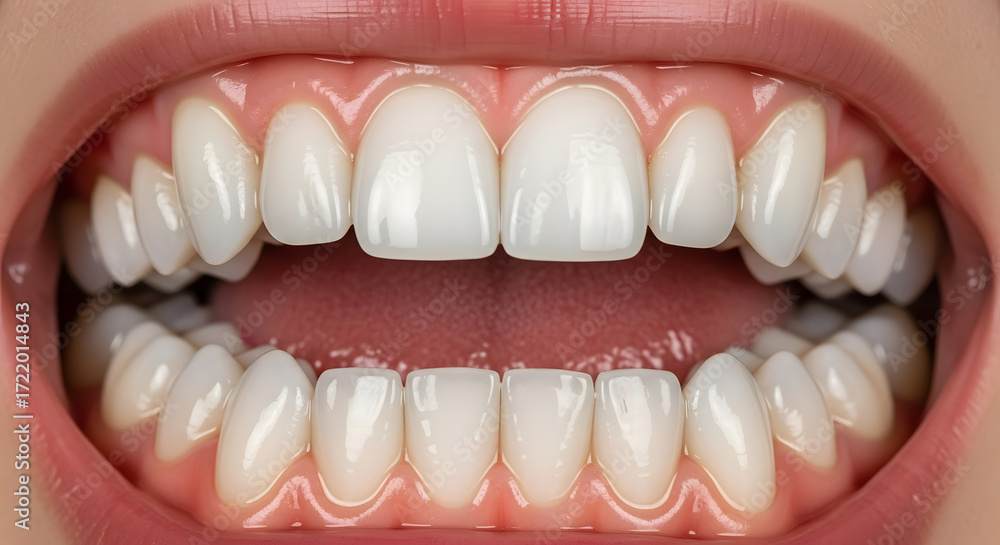 Obraz premium Close-up of a smiling mouth with perfectly aligned white teeth, isolated white background, professional dental care concept.