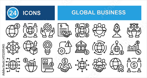 Minimalist global business line icon set with editable stroke, featuring trade, network, startup, online chat, money exchange, outsourcing, innovation, and globe in clean thin linear style.