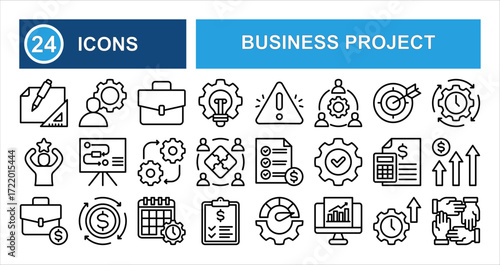 Minimalist business project line icon set with editable stroke, highlighting management, planning, risk, marketing, development, growth, goal, production line, cost, and analytics in thin linear style