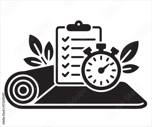 Fitness routine planning icon with stopwatch, yoga mat, and checklist