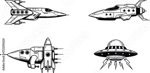 Futuristic spacecraft, rocket, UFO, flying saucer, space shuttle, alien spaceship, sci-fi vehicle, interstellar craft, cosmic exploration, galaxy travel, technology illustration, design
