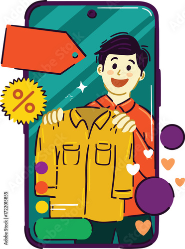 Person holding up a yellow shirt on a smartphone screen