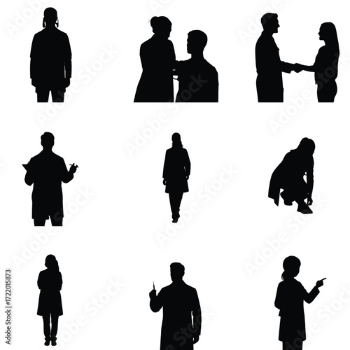 Diverse group of people silhouettes in various poses including standing walking kneeling and interacting on a white background