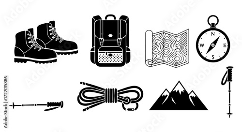 Essential Hiking Gear Boots, Backpack, Map, Compass, Rope, and Mountains for Adventure