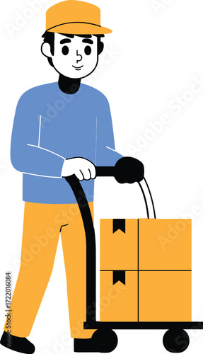 Person in a yellow cap pushing a trolley with boxes