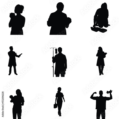 Diverse medical professionals and individuals in silhouette showcasing healthcare fitness and everyday life activities in a vector format