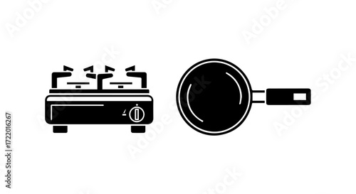 Simple black silhouette icons of a portable gas burner and a frying pan, representing essential equipment for cooking, camping, and culinary activities