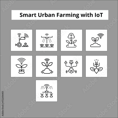 A collection of line art icons representing smart urban farming with IoT, including drones, sensors, and automation for modern agriculture.
