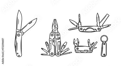 Hand-Drawn Line Art of Pocket Knives and Multi-Tools for Outdoor Enthusiasts