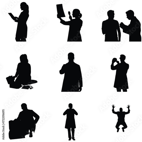 Silhouettes of diverse people in various activities including reading examining vaccinating sitting and celebrating against white background