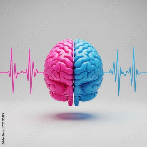 Split brain represents gender differences and interconnected heartbeat signals symbolizing connection