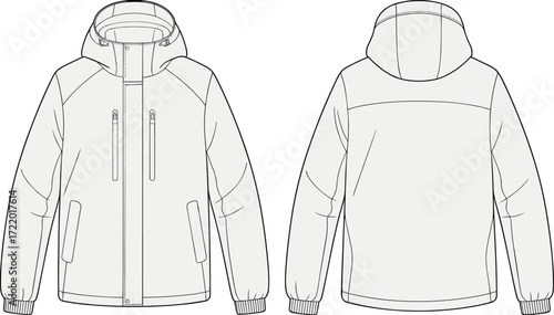 Hooded jacket technical flat sketch, front and back view, zipper pockets, raglan sleeves, fashion design illustration, garment construction vector template