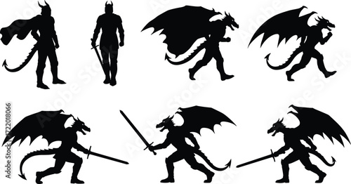 Fantasy dragon warrior silhouettes, sword combat poses, winged humanoid fighters, mythical transformation sequence, heroic battle stance, medieval legend illustration art