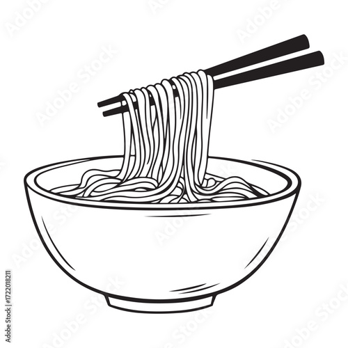 coloring pages for children 4-6 years old depicting kawaii Noodles with space for text Black and white children's style, clean and simple lines, no shading