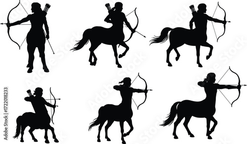 Silhouette centaur archer, mythical creature archery, fantasy horse warrior, bow and arrow, Greek mythology hunter, black vector illustration, dynamic pose art