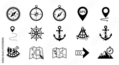 Vector icon set for travel and direction concepts. Includes compass, map, GPS, anchor, and other exploration symbols