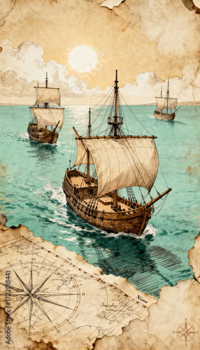 Three sailing ships on the ocean with a map in the foreground under a bright sun illustration