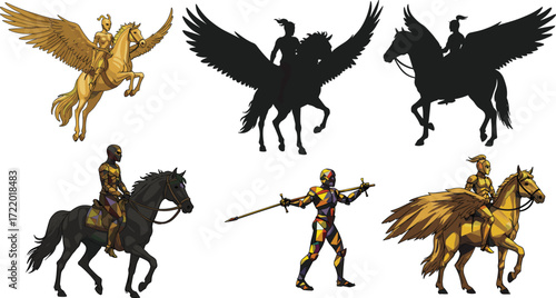 Fantasy armored warriors with winged horses, Pegasus riders in battle poses, mythical medieval knights, colorful and silhouette designs, epic heroic scene