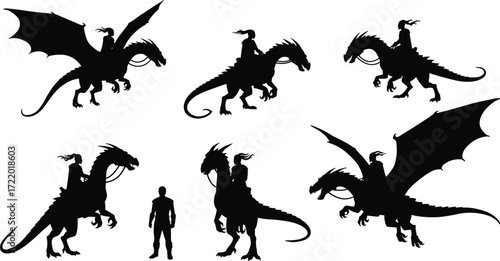 Fantasy dragon silhouettes with riders, epic mythical beasts, flying creatures, medieval scale comparison, fantasy art, legendary monsters, heroic adventure scene