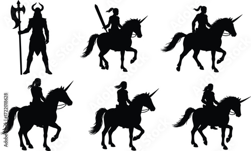 Fantasy warrior silhouette with horned helmet holding double axe, unicorn riders in various poses, mythical medieval battle scene, black silhouettes isolated