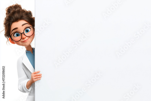 3D illustration of a young female doctor with eyeglasses wearing a white coat, holding a blank white poster for copy space, isolated on a clean white background