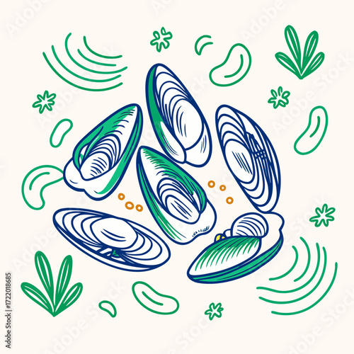 Colorful illustration of mussels surrounded by marine plants  