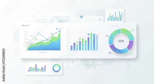Modern Business Analytics Dashboard with Interactive Charts and Graphs, Showcasing Data Visualization and Performance Metrics in a Clean Digital UI/UX Design on a Light Background.