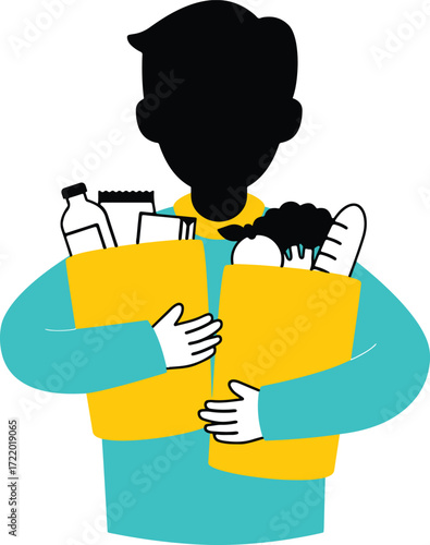 Person holding two yellow grocery bags filled with items